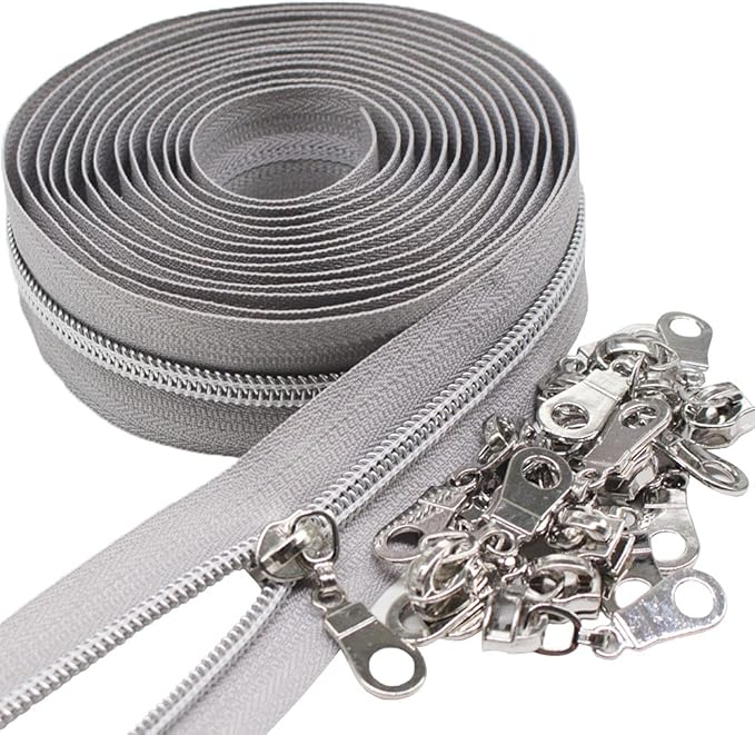 MebuZip #5 Silver Metallic Nylon Coil Zippers by The Yard Bulk Coil Zipper Roll 10 Yards with 25pcs Pulls for DIY Sewing Craft Bags (Grey)