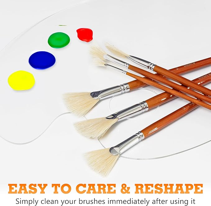 DUGATO Artist Fan Paint Brush Set of 9, White Hog Bristle Natural Hair Anti-Shedding Brush Tips, Long Wooden Handle for Comfortable Holding, Great for Acrylic Oil Painting