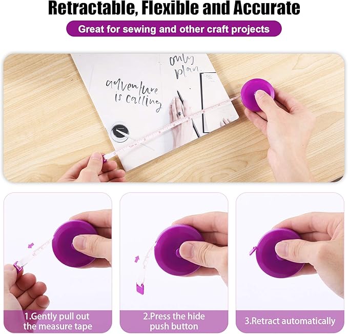 Tape Measure 150 Cm 60 Inch Push Button Tape Body Measuring Soft Retractable for Sewing Double-Sided Tailor Cloth Ruler (Purple) 3 Pack by BUSHIBU