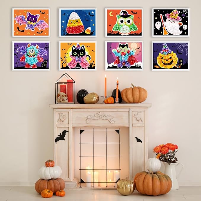 Lonfliness 8PCS Poke-in Craft and Art Kit Halloween No-Mess Fabric Sewing Art Puzzle Puncture Painting DIY Bat Pumpkin Ghost Halloween Toy Gift Creative Activity Game Birthday Party