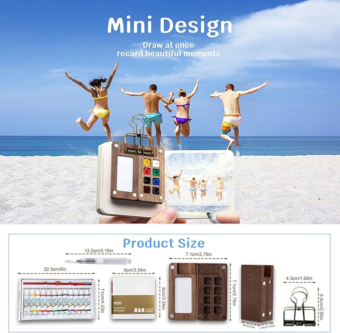 Mini Watercolor Travel Paint Set, Portable Travel Watercolour Kit with Wood 8 Grid Paint Palette, Watercolor Journal, Metal Clip, Multicolor Paint, Water Brush for Painters Artists Students&Beginners