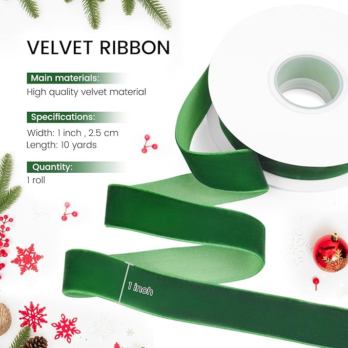 Green Velvet Ribbon, 1 inch 10 Yards Vintage Velvet Ribbons Perfect for Christmas Tree Ornaments, Gift Wrapping, Wedding Decoration, Bows, Sewing, Crafts, Wreath and More