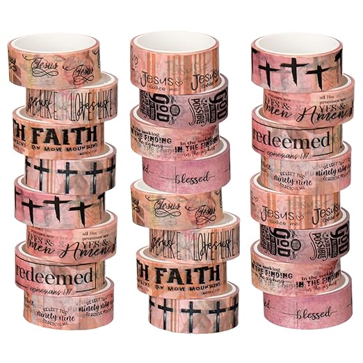 Janlaugh 24 Rolls Christian Washi Tape Gifts Bulk Religious Inspirational Scripture Supplies Pink Bible Verse Washi Tape for Bible Journaling Study Crafting New Year DIY Gifts