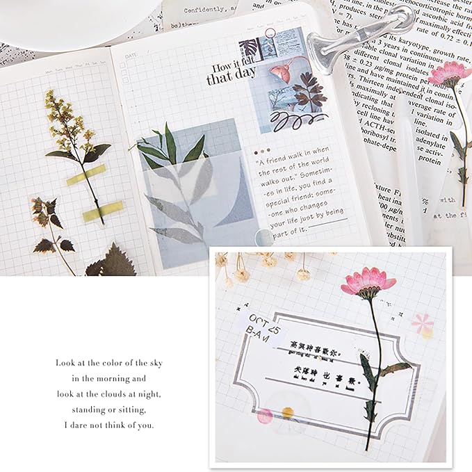 Maxleaf 80 Pieces Natural Vintage Flower Stickers, Self-Adhesive Transparent Flower Decals for Scrapbooking Supplies, Waterproof Nature Floral Clear Stickers for Adult Card Making Letters DIY
