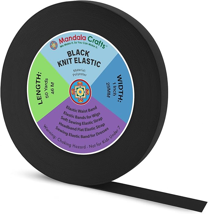Mandala Crafts Wide 1 Inch Black Elastic Bands Spool for Pants Waistbands Sewing and DIY Crafts, 50 YD Stretchy Flat Fabric Strap Knit Elastic Band for Wig