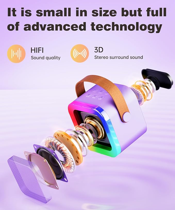 Mini Karaoke Machine Speaker for Kids Adults,Portable Bluetooth with 1-2 Wireless Microphones,Christmas Birthday Gifts Toys Girls Boys Ages 4, 5, 6,7, 8,9,10,11,12+ Years Old Toddler (Purple - 2 Mic)