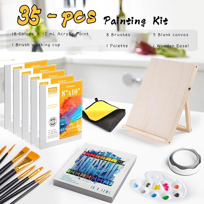 Paint Set, Acrylic Paint Set for Kids & Adults - Painting Supplies with18 Acrylic Paints, 8 Painting Brushes, 5 Canvas Panels, etc