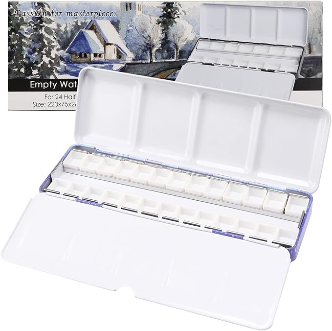 MYARTOOL Empty Watercolor Palette, Purple Empty Watercolor Tin Palette Paint Case with 24 PCS Empty Half Pans for DIY Travel Watercolor Palette, Acrylic and Oil Painting