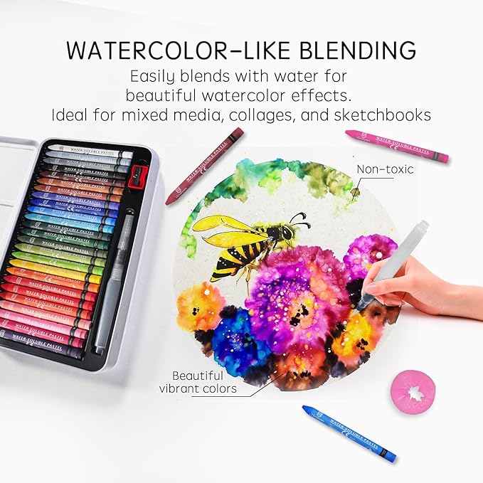 25 Colors Water Soluble Pastels, Watercolor Pastel Set for Beginners and Hobbyists, Includes Sharpener, Palette & Brush for Vibrant Art Creations (Classic)