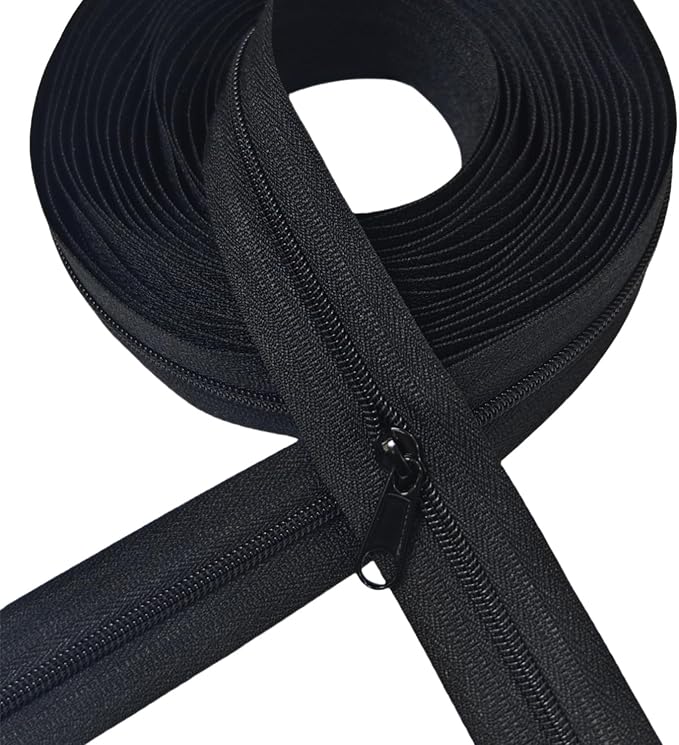 MebuZip #3 Nylon Coil Zippers by The Yard Bulk Zipper Roll Zipper Tape 10 Yards with 25pcs Pulls for Sewing Tailor DIY Craft Bags Pillows (Black 10Yards)
