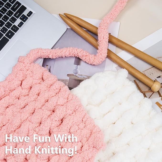 Chunky Yarn for Hand Knitting - #10 Chunky Chenille Yarn, Jumbo Big Thick Chunky Yarns for Crocheting, Super Bulky Chunky Knit Blanket Yarns, 8 Skein (25yd, 8oz/Skein), Cream & Pink