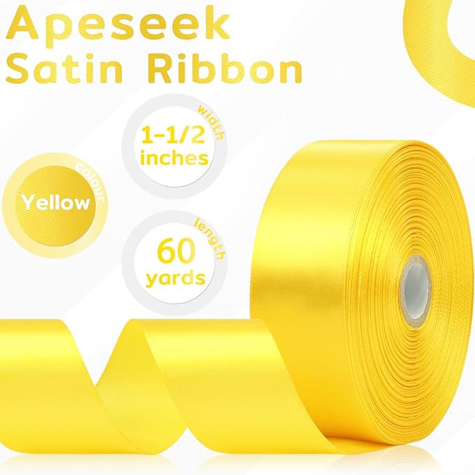 60 Yards Yellow Satin Ribbon 1-1/2 Inch, Solid Polyester Fabric Ribbon for Gift Wrapping, Crafts, Flower Bouquet, Wedding, Eternal Flowers, Festival, Christmas, Halloween