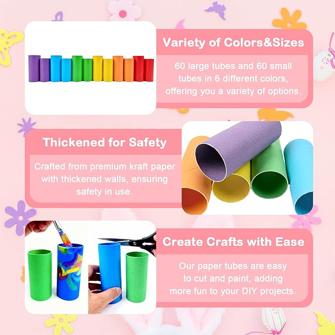 Seeyauro 120-Pack Kraft Cardboard Tubes for Crafts-1.57x3.74 Inches&1.5x3.4 Inches-Resistant Toilet Paper Rolls for DIY, School Supplies & Art Projects-Include 50 Sheets A4 Colorful Paper-Multicolor