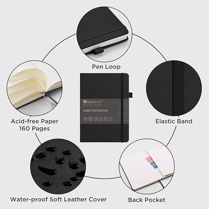 &And Per Se Lined Journal Notebook, 160 Pages, A5 5.7 x 8 inches College Ruled Thick Paper Notebook Journals for Writing, Hardcover Notebooks for Women Men Office School (1 Pack, Black)