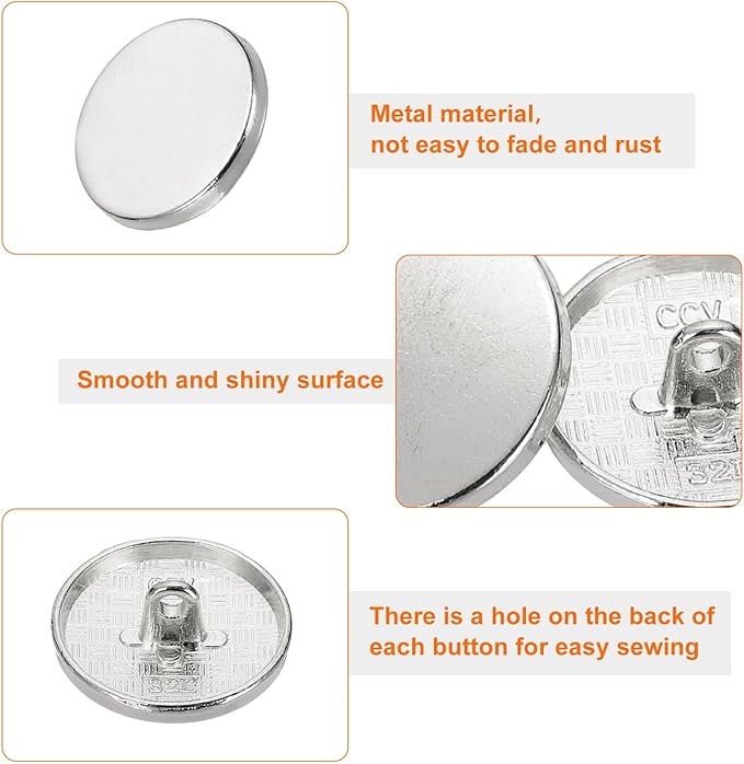 HARFINGTON 50pcs 32L Metal Round Flat Sewing Buttons 20mm Alloy Shank Craft Replacement Button for Men Women Suit Woolen Coat Shirt Trousers Sewing Crafts, Silver Tone
