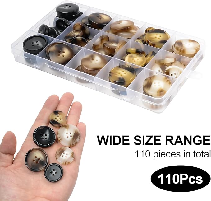 110Pcs Mixed Sewing Buttons, 4-Hole Craft Round Blazer Buttons, 5 Color 3 Size (15mm, 20mm, 25mm) Suit Coats Resin Button, Suitable for Variety Clothing Sewing, DIY Craft (Coffee Color)