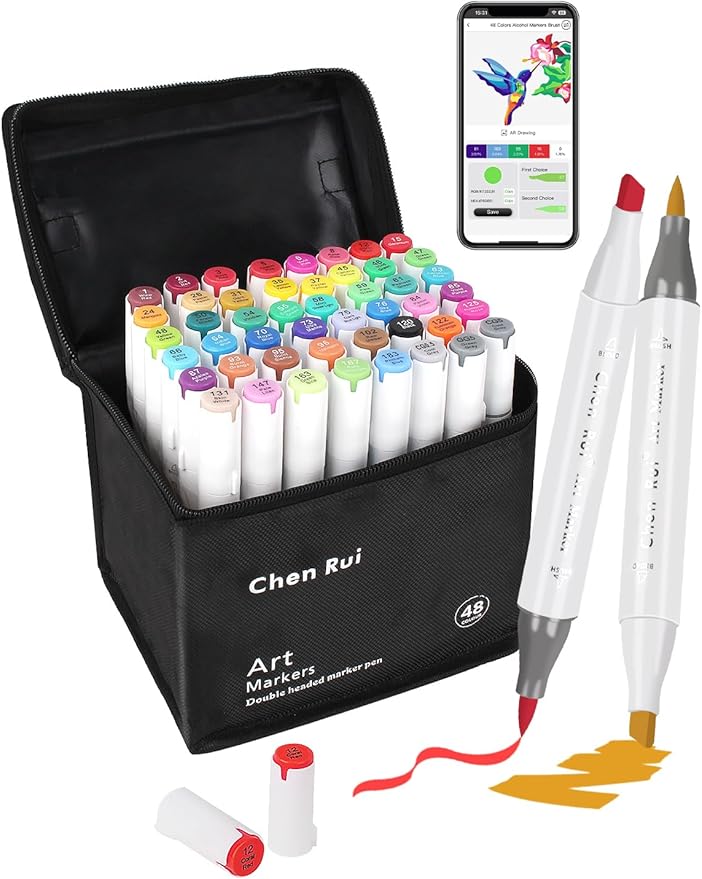 YHC 48 Alcohol Brush Marker with Free App, Chen Rui Dual Tips Art Markers for Adults, Alcohol Based Brush & Chisel Tips Markers for Drawing, Coloring, Painting, Sketching