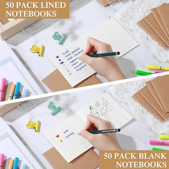Thenshop 100 Pieces Mini Notebook Bulk Set Small Kraft Paper Journals Blank Lined Pocket Journal Sketchbooks for Drawing Writing Office Supplies 4 x 4 Inch Notebooks with 24 Sheets(Blank, Lined)