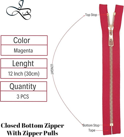 #5 Gold Metal Zipper - 50+ Colors - 3 PCS - (4-14 inches) Sizes - Luxury Lightweight Handcraft Metal Zippers with pulls for Purses Bags Pockets Shoes Sewing & Crafts DIY ZP022212