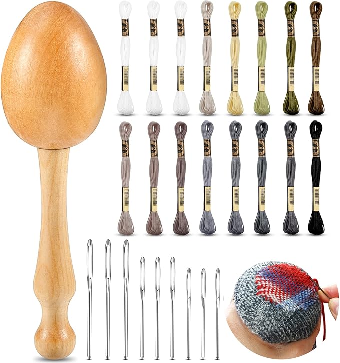 Jexine Darning Egg for Socks Wooden Darning Supplies Kit with 9 Large Eye Needles 16 Colors Sewing Threads for Socks Clothes Adults Darner DIY Handicraft Home Sewing Care(Regular Color)