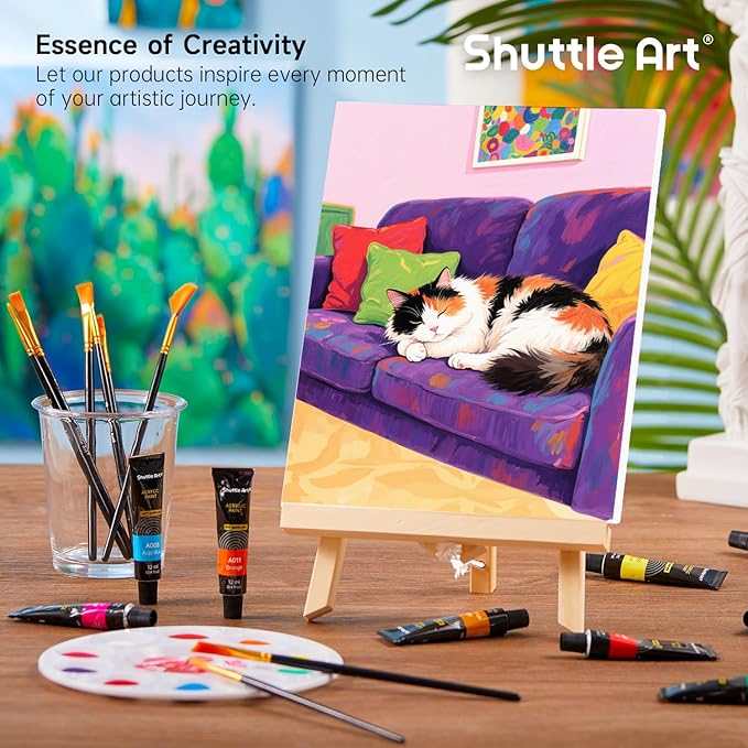 Shuttle Art 58 Pack Acrylic Paint Set, Painting Kit with 2 Pack of 15 Colors Acrylic Paint, 2 Sets of Wooden Easels, Canvas, Brushes & Palettes, Art Painting Supplies Kit for Adults Kids Beginner