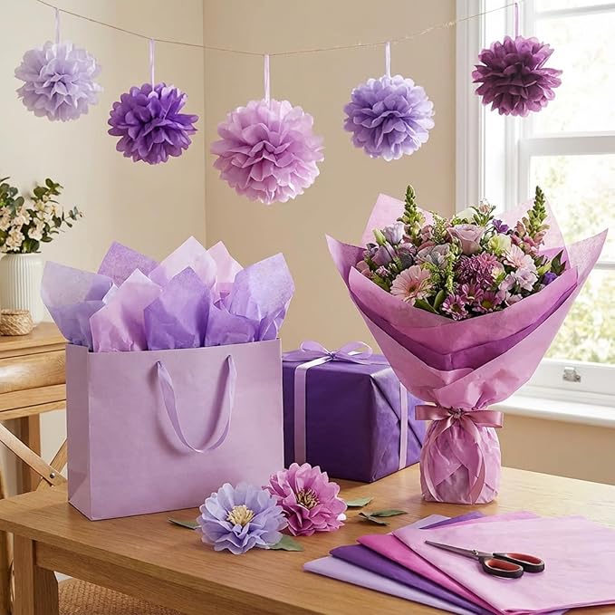 Qilery 500 Sheets Purple Tissue Paper Bulk for Gift Bags Flower Wrapping 15 x 20 Inch Acid Free Packaging Lavender Paper Sheets for Valentine's Day Easter Decoration DIY Craft, Wedding Party, Shipping