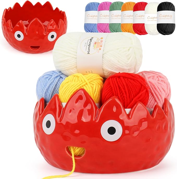 Coopay Flame Yarn Bowls for Crocheting/Knitting, Cute Yarn Storage Bowls with 7PCS Yarns, Large Size Ceramic Yarns Bowl Crochet Knitting Bowls for Beginners, Great Knitting Crochet Gift (7in)