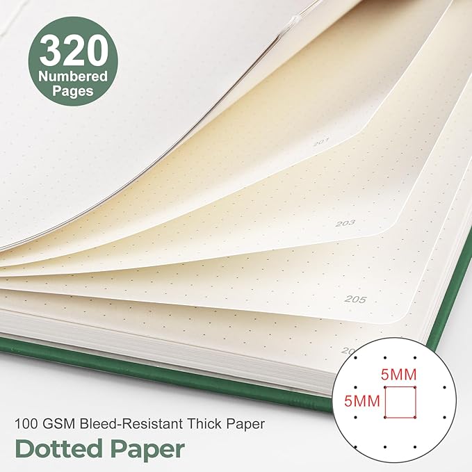 EMSHOI Bullet Dotted Journal Notebook - 320 Pages, 100gsm Thick Paper, A5 Hardcover Leather, Dot Grid Notebook for Women Men Work Writing, Bullet Journaling, Drawing, 5.75 x 8.38, Green