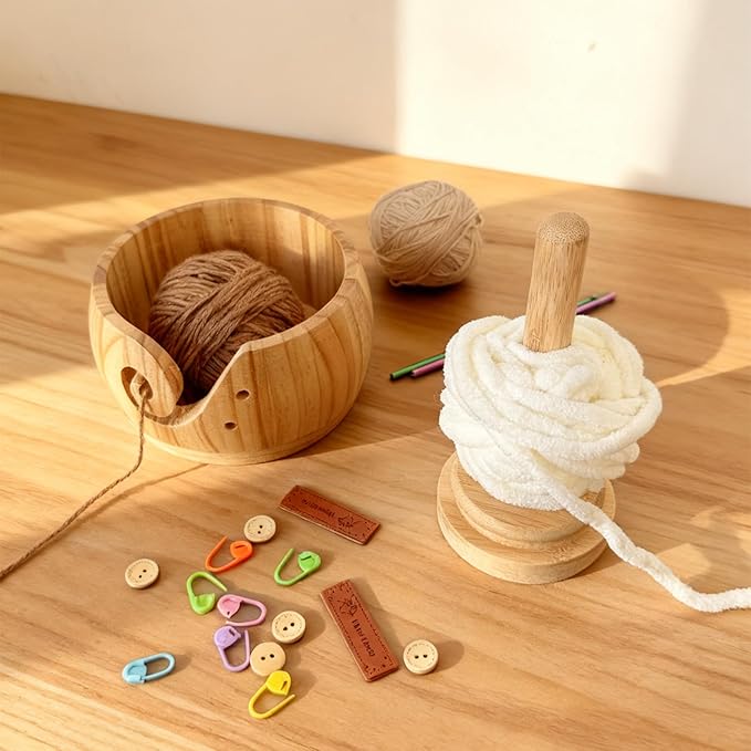 Large Wooden Yarn Bowl with Removable Holder & Lid | 2-in-1 Handmade Crochet and Knitting Yarn Organizer for Tangle-Free Crafting | Yarn Storage Box with Smooth Feed Holes