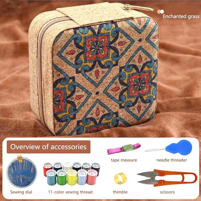 Sewing kit,Portable Travel Sewing Kit ，Vintage Soft Wood Print Sewing Kit,Mini Sewing Kits Storage Box,with 11 Color Thread, Scissors, Needles, Tape Measure and Other Accessories (Enchanted Grass)
