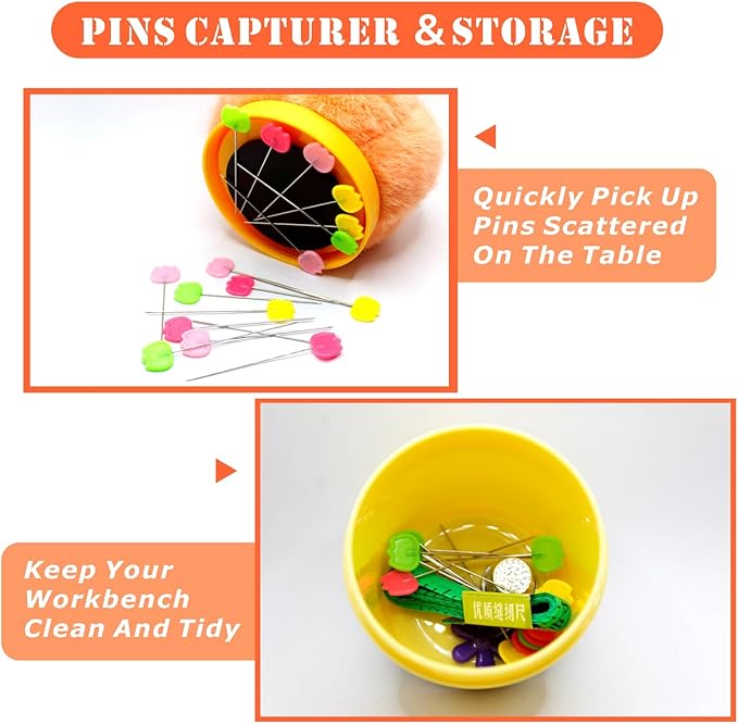 Pumpkin Pin Cushion Sewing Tool Set with Magnetic Storage, Including 50 Cute Flowers Needles, Threader, Thimble ＆Tape Measure, Pin Holder for Sewing DesksApplique & Patchwork Crafter.