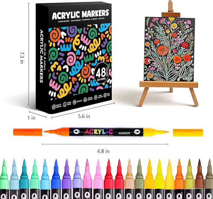 WINSONS 48 Colors Acrylic Paint Marker, Dual Tip and Dual Colors Acrylic Paint Pens for Stone, Wood, Canvas, Ceramic, Metal, Glass, Rock Painting, DIY Crafs Art Supplies (48 Colors)