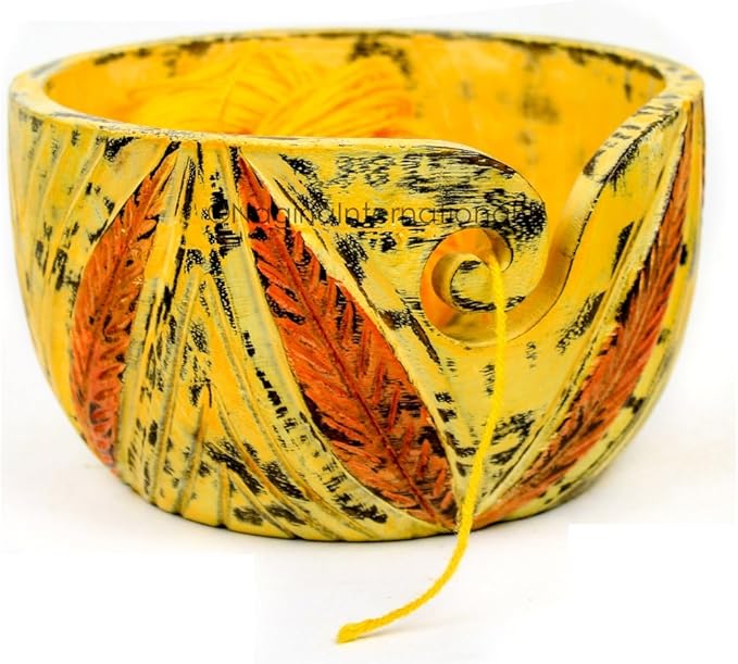 Nagina International Exquisite Premium Yarn Ball Storage Bowls | Hand Painted Lovely Decor Yet Functional Yarn Dispenser (Medium (7 x 3 x 7 Inches), Autumn Yellow)