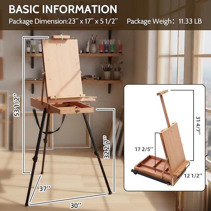 Falling in Art Light Weight French Style Field and Sketchebox Easel with Aluminum Tripod, Adjustable Beechwood Tripod Standing Easel with Drawer, Palette