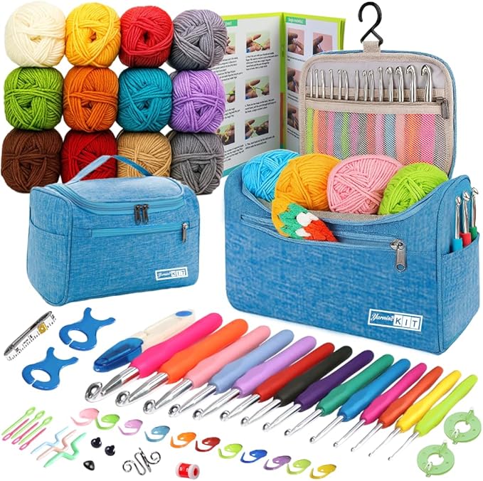 Yarniss Crochet Kits for Beginners - 840 Yards Yarn for Crocheting with 14 Size Hooks 2.0-10.0mm,Learn to Crochet Set with Bag&Accessories,Turquosie