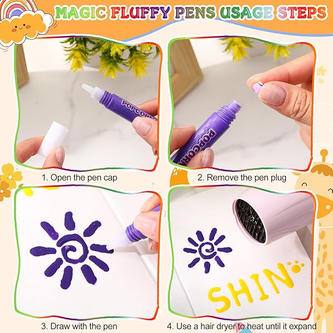 Honoson 8 Sets Magic Puffy Pens 6 color Bubble Popcorn Paint Pen 3D Art Foam Texture DIY Bubble Popcorn Drawing Markers for Christmas Kids Art Painting Supplies for Home School Birthday Gift