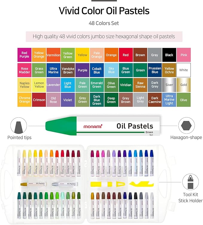 MONAMI Jumbo Size Hexagonal Oil Pastels for Kids and Students, 48 Vivid Colors +2 Extra (Total 50) with Carrying Case