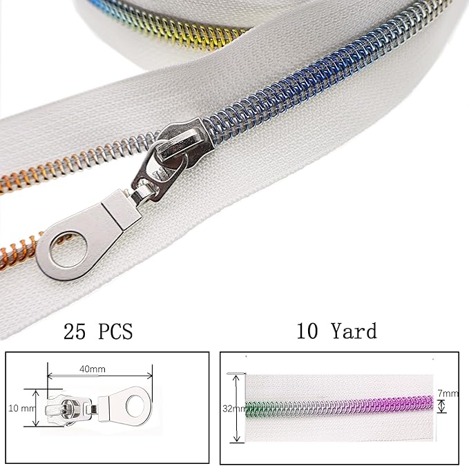 #5 Colorful Metallic Nylon Coil Zippers by The Yard, Bulk White Zipper Tape 10 Yards with 25Pcs Pulls for DIY, Sewing, Craft, Bags YIGUANXIN