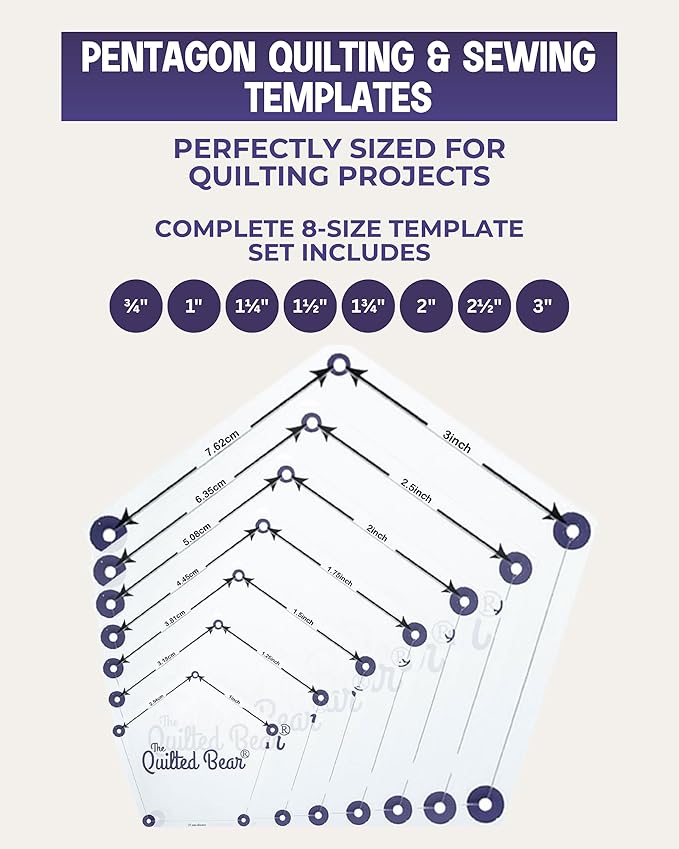 The Quilted Bear Pentagon Quilting Templates – 8 Clear Non-Slip Acrylic Quilt Templates for Precise Fabric Cutting & Stress-Free Machine Quilting - Ideal for Quilt & Sewing Supplies (¾–3")