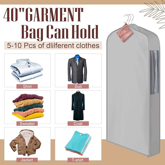 40" Short Cotton Garment Bag for Hanging and Storage Clothes with 4 Cedar Blocks for Fresh Smell, Breathable Hanging Bags for Closet Storage Fur Coat Suit Sweater Jackets, 6'' Wide, Gray