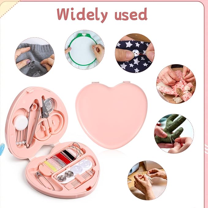 2 Pack Heart-shaped Mini Travel Sewing Kit, Folding DIY Sewing Set, Portable Pocket Sewing Supplies with Needles, Threads, Buttons, Scissors, Buttons for Women, Mom, Traveler, Adults, Beginner, Pink