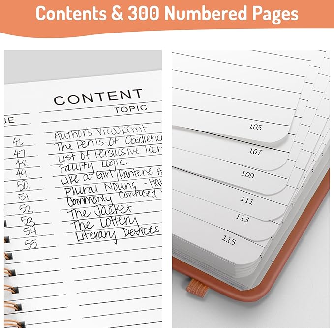 Forvencer Lined Spiral Journal Notebook with 300 Numbered Pages, A5 Thick Journals for Writing with 100GSM Paper, Hardcover Notebooks with Contents for Work, School, Women, Men, Orange
