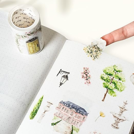 WT Pre-Cut French Courtyard Wide PET Tape, Single Roll, Romantic European Courtyard Style with Floral Designs, Transparent Decorative Tape for Journaling, Scrapbooking, Planner, DIY Crafts