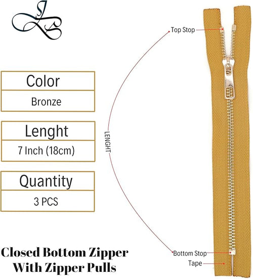 #5 Gold Metal Zipper - 50+ Colors - 3 PCS - (4-14 inches) Sizes - Luxury Lightweight Handcraft Metal Zippers with pulls for Purses Bags Pockets Shoes Sewing & Crafts DIY ZP02138