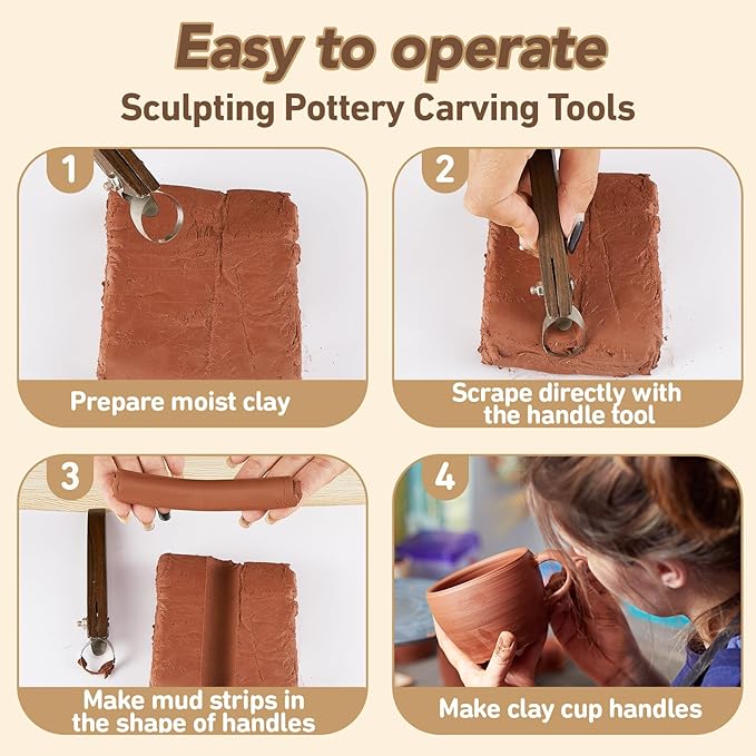 Therwen 2 Pcs Sculpture Scraper Pottery Carving Tool Pottery Cup Handle Shape Clay Extruder Tool Teacup Mug Handgrip Clay Cutters with Wooden Handle for Ceramic Sculpture Craft(Novelty Style)