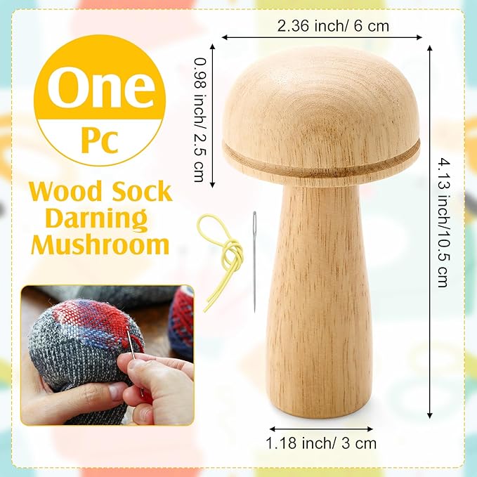 Jexine Darning Mushroom for Socks Wooden Darning Supplies with Large Eye Needles Sewing Threads for Socks Clothes Adults Darner DIY Craft Home Sewing Care (Multiple Color)