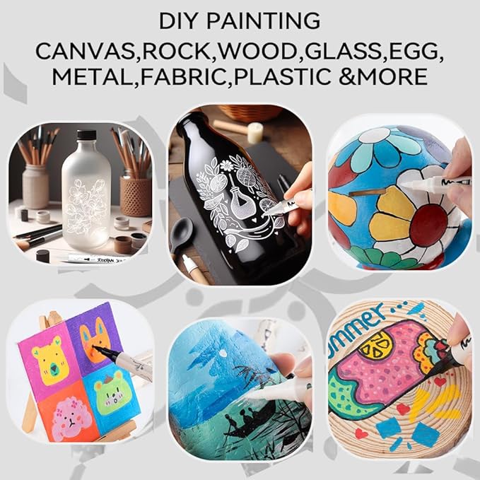 TRANSON 4 Black and 4 White Paint Markers Brush and Bold Dual-tip Acrylic Paint Marker Set for Rock Painting Glass Canvas Wood Leather Ceramic Painting