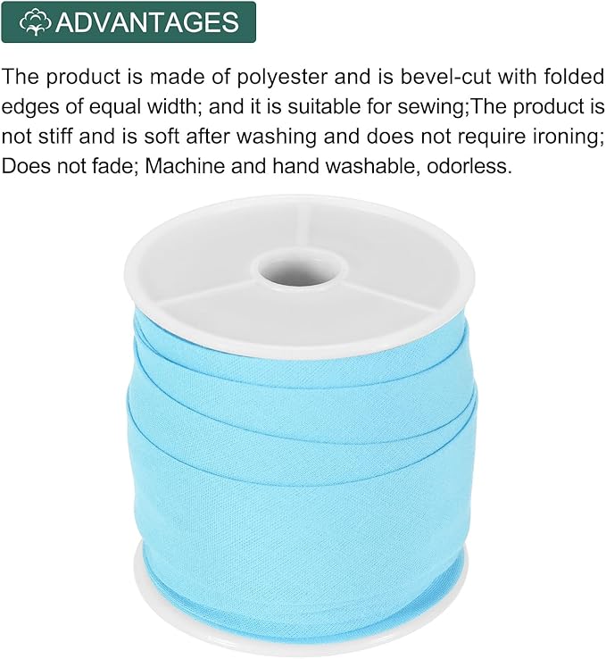 MECCANIXITY 1 Inch Single Fold Bias Tape Cotton Continuous Bulk Bias Tape for Sewing, Seaming Quilting Hemming Binding Crafts (Light Blue 10 Yards)