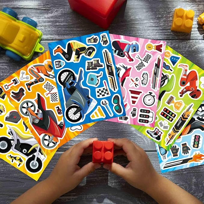 24 Sheets Motorcycle Stickers for Kids, Make a Motocross Face Sticker, Make Your Own Dirt Motobike Stickers for Kids Party Favor Birthday Party Supplies Crafts