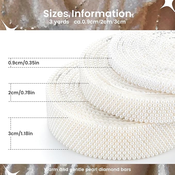 Novani Self Adhesive Pears Ribbon 1 Roll - 3 Yards Beige Pearls Crystal Diamond Bling Strips Glitter Resin Ribbon for Crafting Home DIY Decoration（Beige,0.35 Inch,3Y）